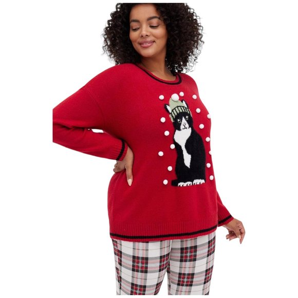 TORRID Size M/L 00- Oversized Pullover Cat Crew Neck Red Sweater NEW - Picture 2 of 4